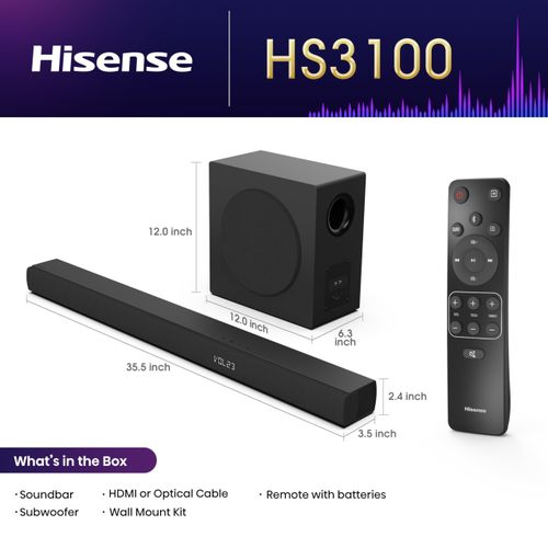 Hisense HS3100 3.1 Channel 480 W Soundbar System — Wireless Subwoofer, Bluetooth & Multi-Input Home Audio Solution