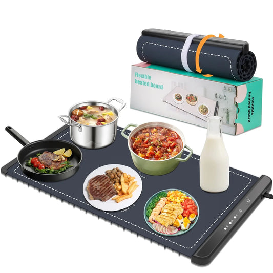 Electric Warming Tray, Silicone Heating Mat for Food, Foldable Food Warmer, Full Surface Heating Plate, 3 Temperature and Timing Levels