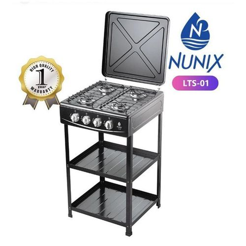 Nunix LTS-01 4-Burner Gas Cooker with Stand and Storage Shelf — LPG Gas Stove