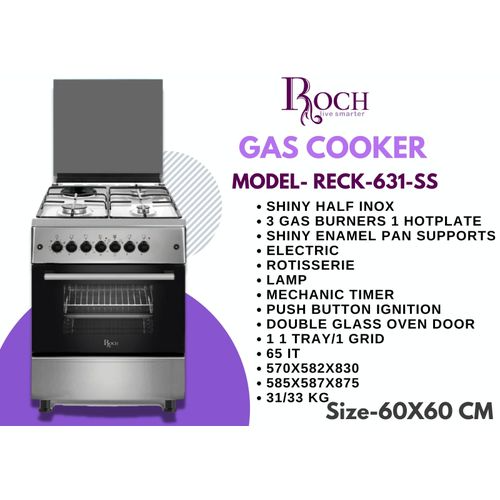 Roch RECK-631-SS 60 × 60 cm Cooker — 3 Gas Burners + 1 Electric Hot Plate with Electric Oven & Rotisserie