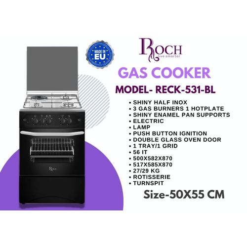 Roch RECK‑531‑BL 50 × 55 cm Cooker — 3 Gas Burners + 1 Electric Hot Plate with Electric Oven (Black/Grey)