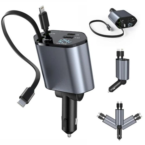 4 In 1 Retractable Super Fast Car Charger With Dual USB Ports & LED Display.