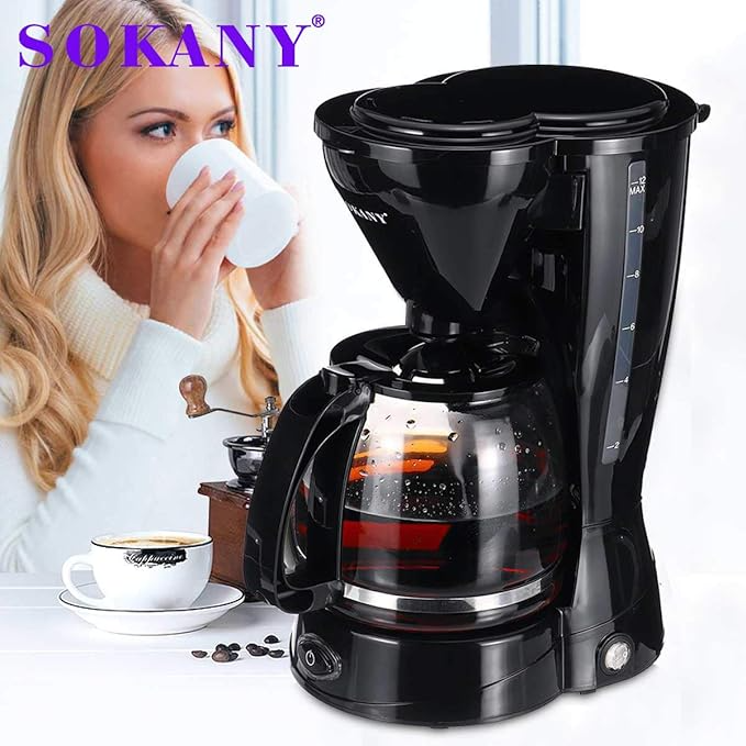 Sokany CM-123A 12-Cup Drip Coffee Maker – 1.5 L Glass Carafe, 800 W Electric Filter Brewer