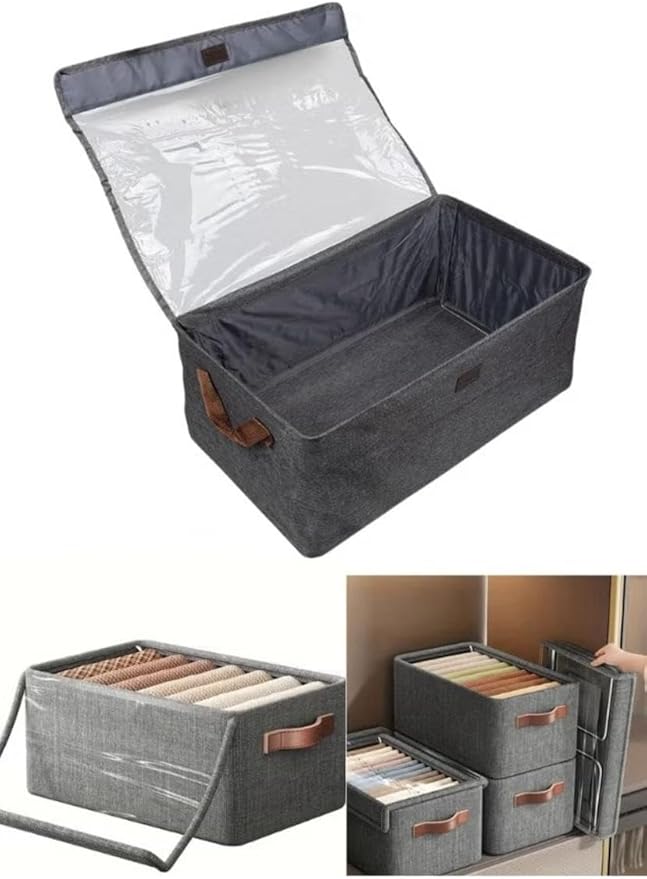 Foldable Fabric Storage Box with Clear Lid & Handles (Grey)