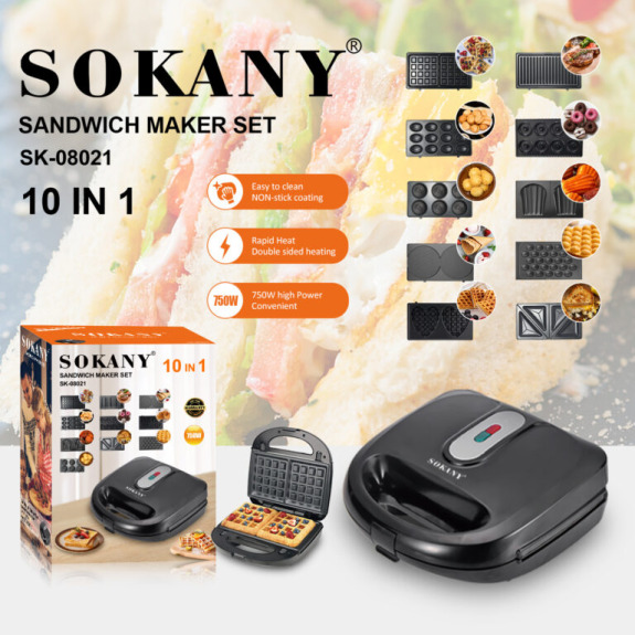 Sokany SK‑08021 10‑in‑1 Multifunction Sandwich & Snack Maker – 750 W Non‑Stick Plates for Sandwiches, Waffles, Donuts & More