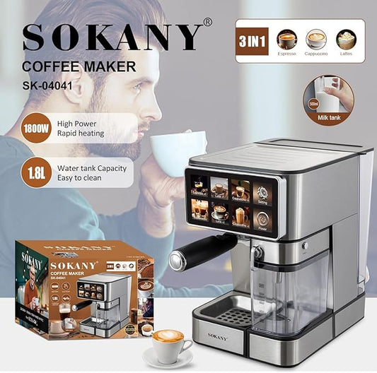 Sokany New Italian Touch Screen Control Espresso Coffee Maker Hot Water System Electric Coffee Machine With 500 Milk Tank
