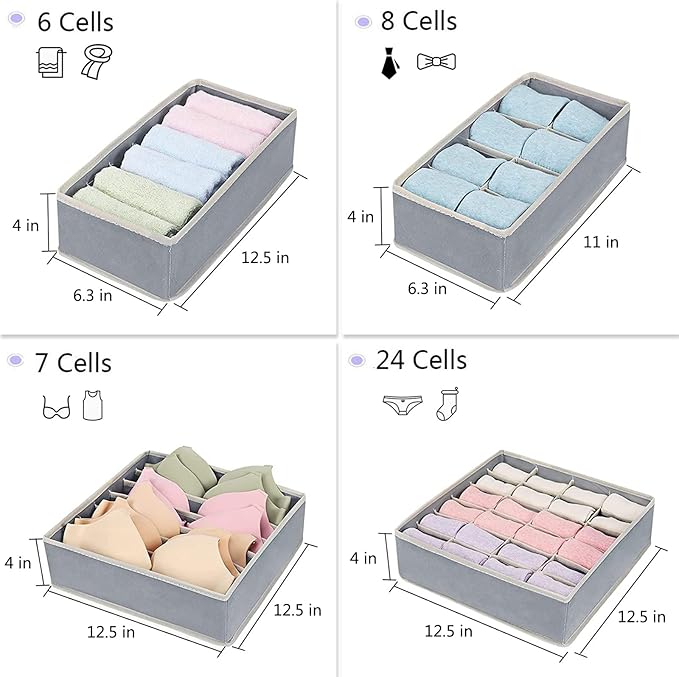 Set of 4 Foldable Underwear & Drawer Organizers (Gray)