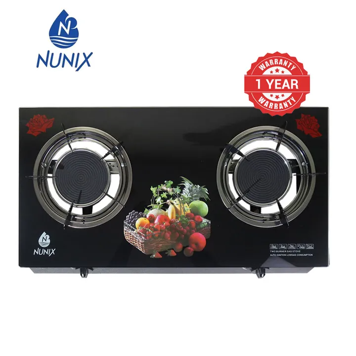 Nunix G1-004 Infrared 2-Burner Tabletop Gas Cooker — Auto Ignition with Glass Top and Stainless-Steel Body