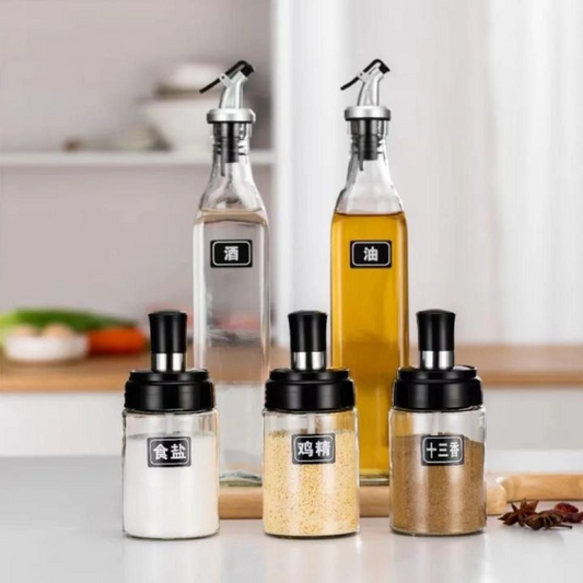 5-in-1 Oil and Spice Dispenser Set - 2 Oil Bottles & 3 Seasoning Containers