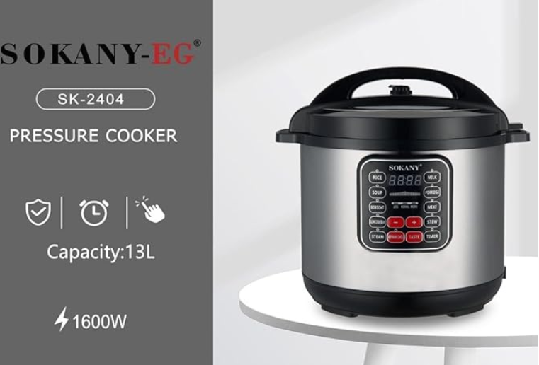 SOKANY SK‑2404 Electric Pressure Cooker – 1600 W • 13 L Capacity • Stainless Steel Body
