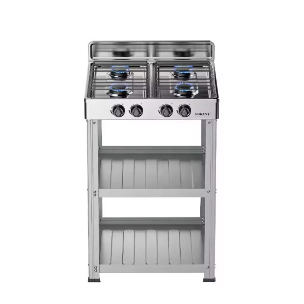 Sokany SK-07042 4-Burner Gas Cooker Stove with Storage Rack — Stainless Steel Gas Cooktop