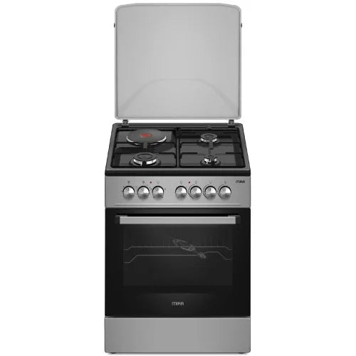 MIKA Standing Cooker, 50cm x 60cm, 3 Gas Pool Jet Burners + 1 RAPID Hot Plate, Button Ignition, 4 Function Electric Oven, Rotisserie, Black Hob, Silver Body MST5060U31PSB