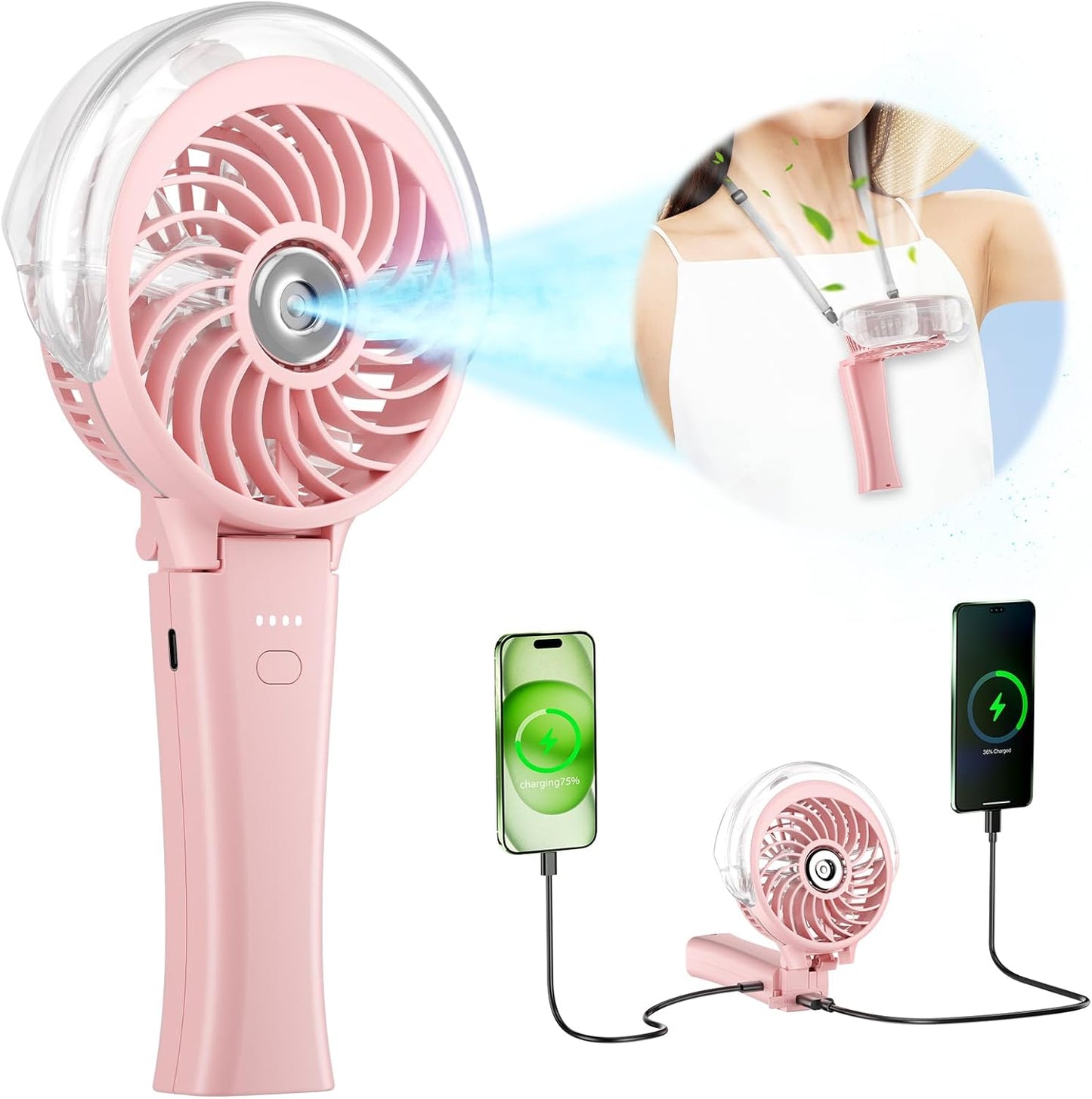 HandFan 4000mAh Portable Misting Fan with Charger, Rechargeable Handheld Personal Mister-Fan, Spray Water Mist Fans, Foldable Electric Hand Fans for Beach, Travel, Outdoors