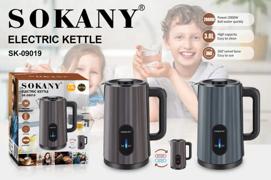 Sokany SK‑09019 3.0 L Stainless Steel Electric Kettle – 2000 W Rapid Boil with 360° Cordless Base & Safety Features