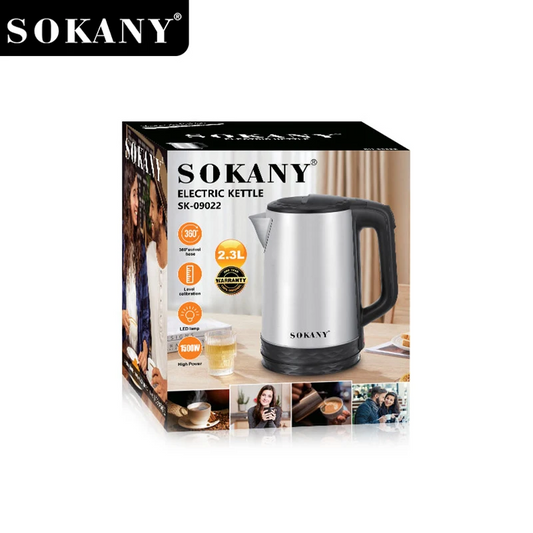 Sokany SK‑09022 2.3 L Electric Kettle – 1500 W Stainless Steel with Removable Washable Filter & 360° Cordless Base