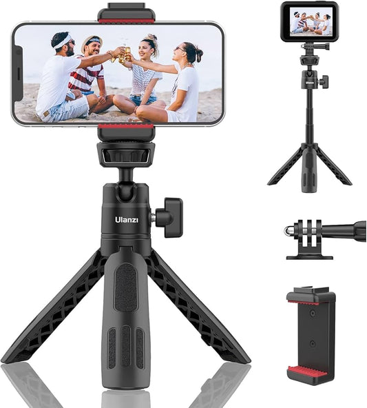 M12 Extendable Selfie Stick for Action Camera, Portable Vlog Cell Phone Tripod Stand with Phone Mount Action Camera Adapter With Light