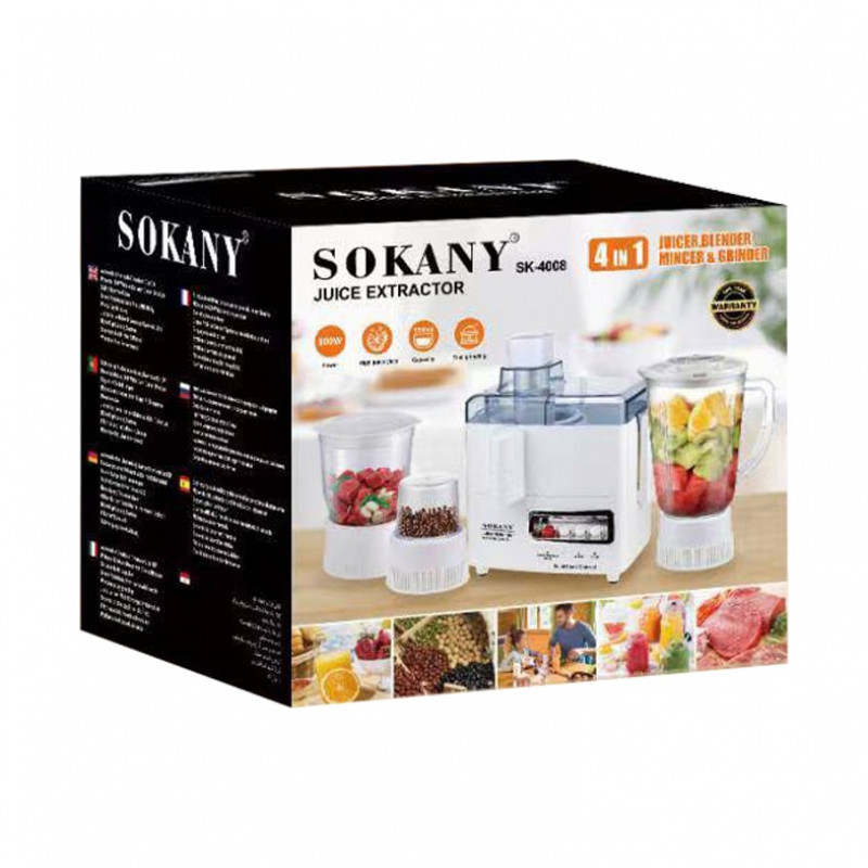 SOKANY SK-4008 4-in-1 Juicer & Food Processor – 800W • 1.5 L Capacity • Plastic & Stainless Steel Build