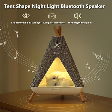 MAHVIW Tent Shape Creative Lamp Night Light for Bedroom Stepless Dimming with Bluetooth Speaker, Cute Cat House Room décor Valentine Birthday Gifts