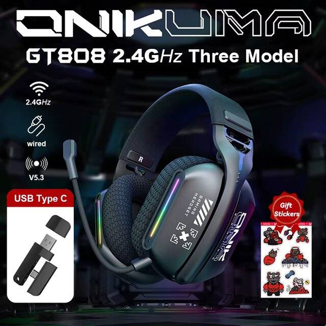 Onikuma GT808 [BT/2.4G/Wired] Wireless Headset (Black)