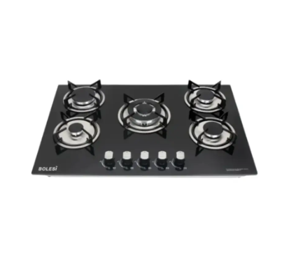 Bolesi HB-57005 5-Burner Built-In Gas Hob | Black Tempered Glass Cooktop