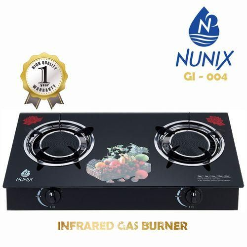 Nunix G1-004 Infrared 2-Burner Tabletop Gas Cooker — Auto Ignition with Glass Top and Stainless-Steel Body