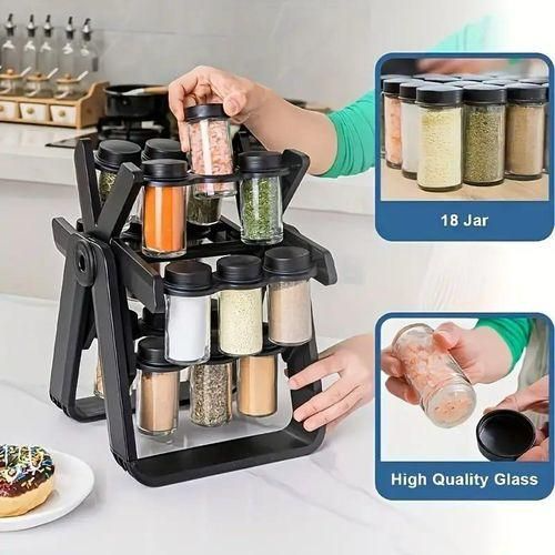 18-Jar Rotating Spice Rack — Stainless Steel Carousel Organizer with Glass Jars