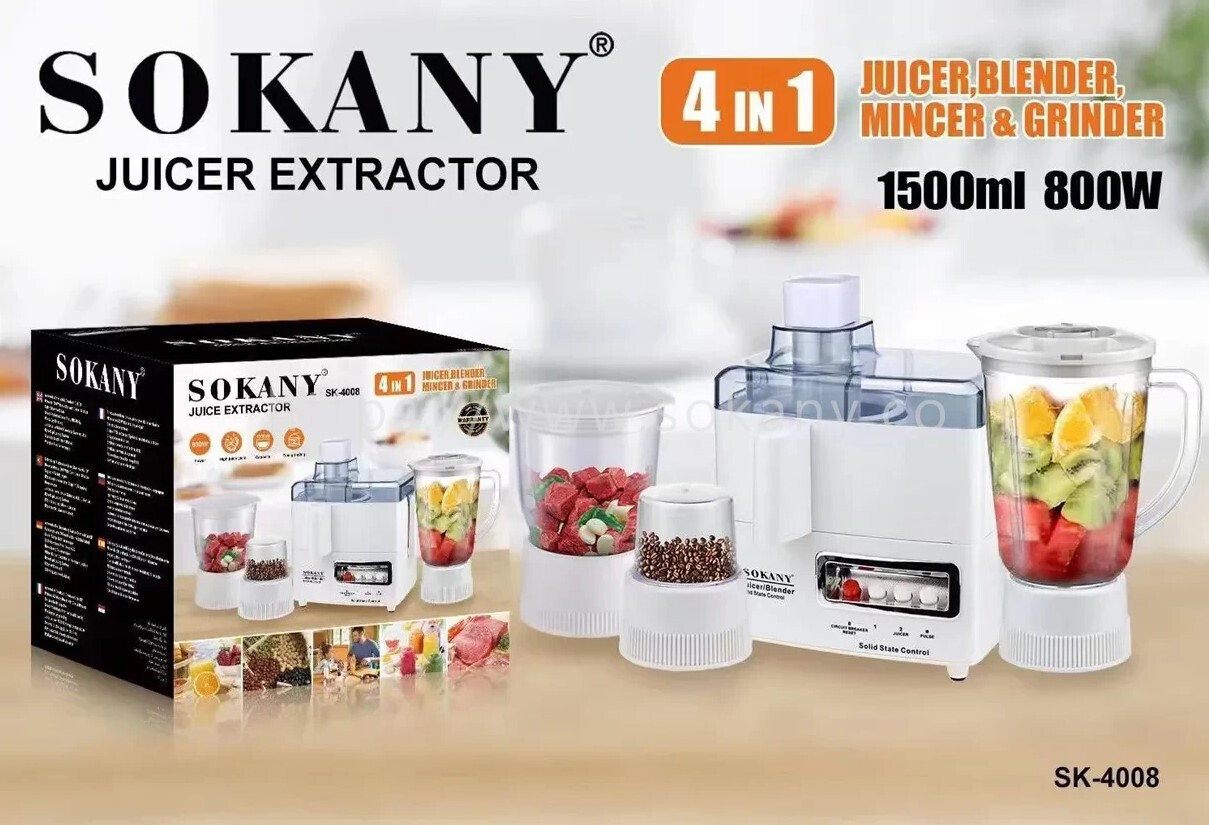 SOKANY SK-4008 4-in-1 Juicer & Food Processor – 800W • 1.5 L Capacity • Plastic & Stainless Steel Build