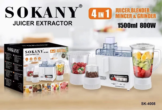 SOKANY SK-4008 4-in-1 Juicer & Food Processor – 800W • 1.5 L Capacity • Plastic & Stainless Steel Build