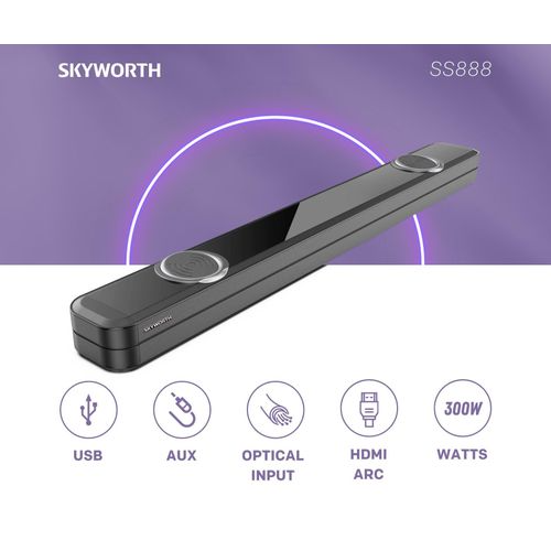 Skyworth SS888 2.2 Channel 300 W Bluetooth Soundbar — Dual Built-In Subwoofers with HDMI ARC & Multi-Input Support