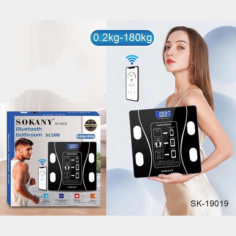 Sokany SK‑19019 Smart Bluetooth Digital Body Scale – Glass Platform, up to 180 kg Capacity, LED Display