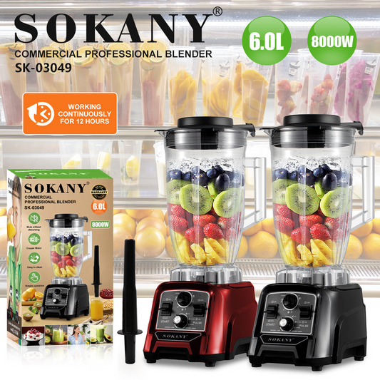 SOKANY SK-03049 Commercial Blender – 8000W • 6.0L BPA-Free Jar • Stainless Steel Blades