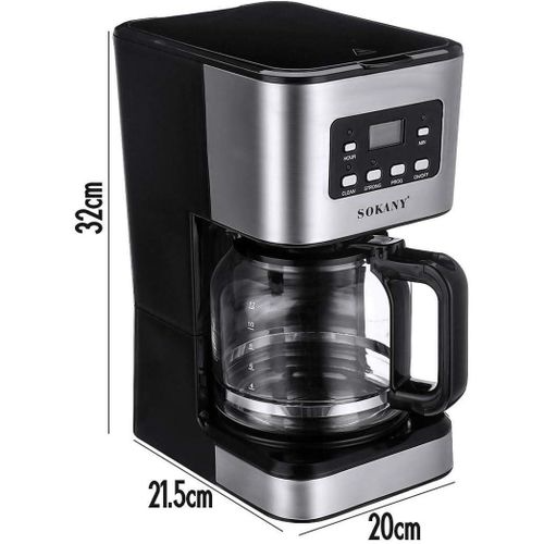 Sokany CM-121E Programmable 12-Cup Drip Coffee Maker – 950 W Stainless Steel & ABS with Glass Carafe