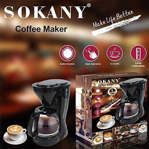 Sokany CM-123A 12-Cup Drip Coffee Maker – 1.5 L Glass Carafe, 800 W Electric Filter Brewer