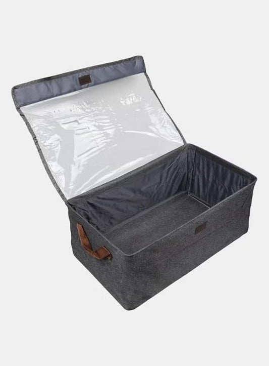 Foldable Fabric Storage Box with Clear Lid & Handles (Grey)