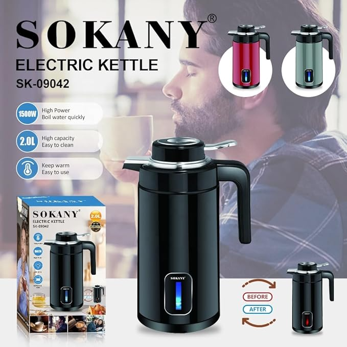 Sokany SK‑09042 2.0 L Stainless Steel Electric Kettle – 1500 W Rapid Boil with 360° Cordless Base & Safety Features