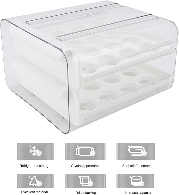 32 Grid Egg Container, Double Layer Transparent Egg Drawer Stackable Egg Holder Refrigerator Egg Tray Egg Storage for Refrigerator