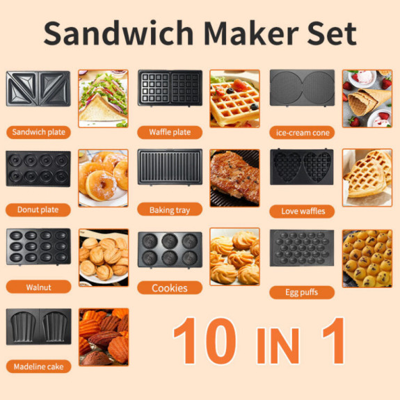 Sokany SK‑08021 10‑in‑1 Multifunction Sandwich & Snack Maker – 750 W Non‑Stick Plates for Sandwiches, Waffles, Donuts & More