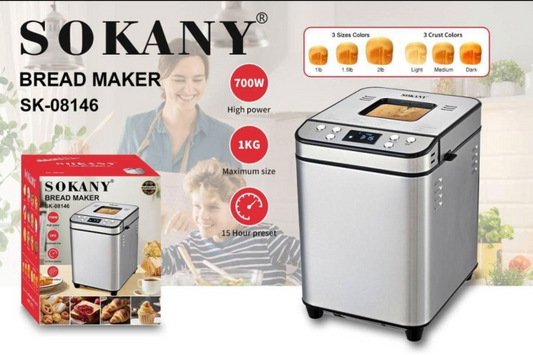 Sokany SK‑08146 1 kg Automatic Bread Maker – 700 W Power, 15 Programs, Timer & Adjustable Crust Control