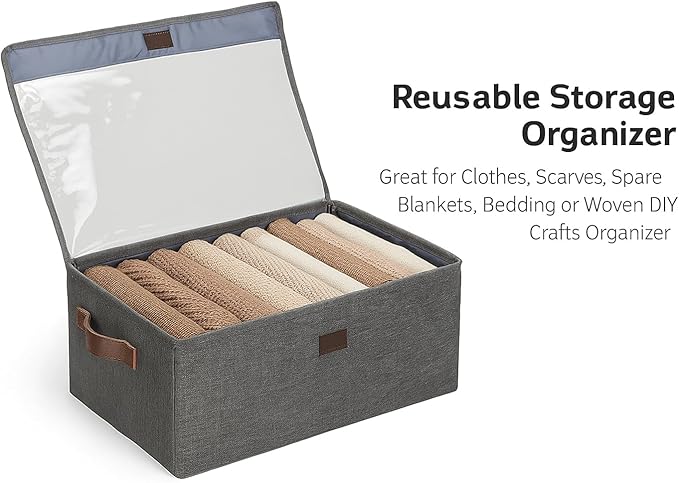 Foldable Fabric Storage Box with Clear Lid & Handles (Grey)