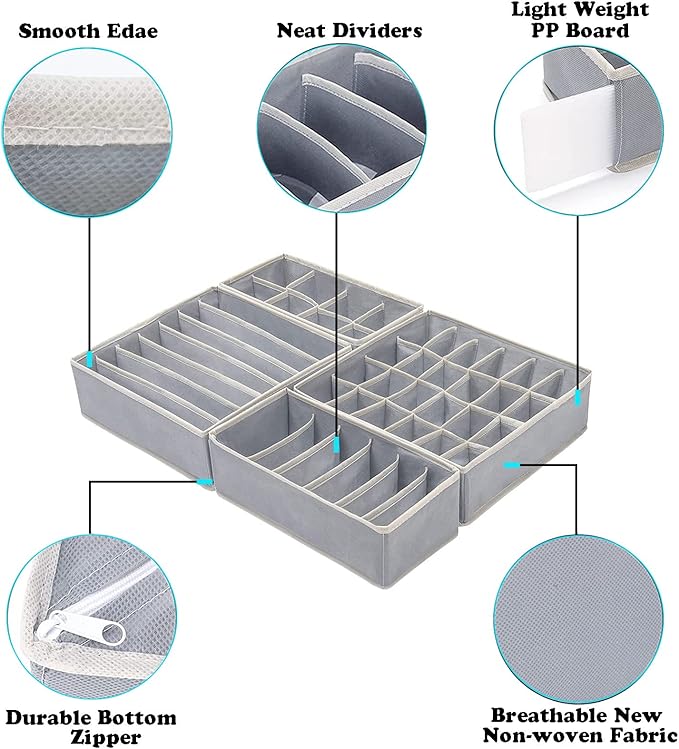 Set of 4 Foldable Underwear & Drawer Organizers (Gray)