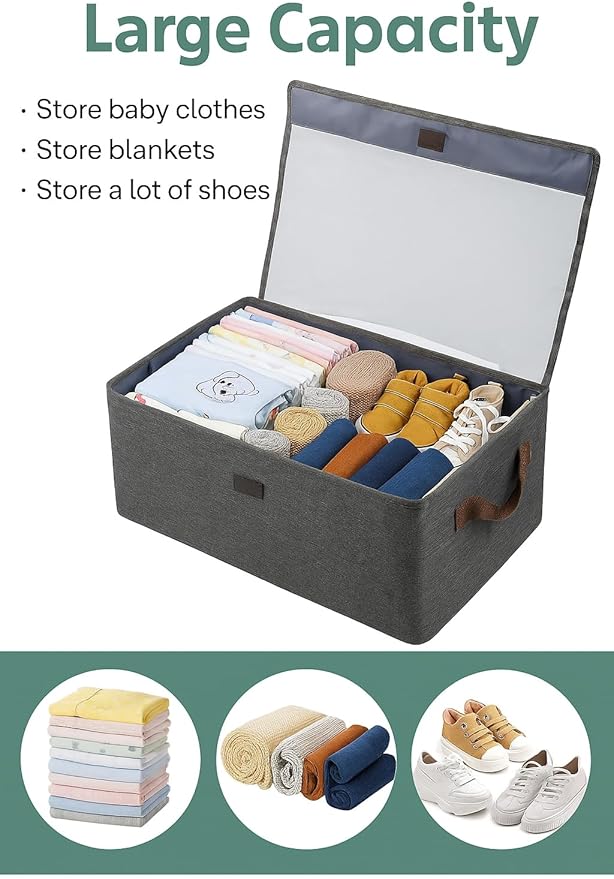 Foldable Fabric Storage Box with Clear Lid & Handles (Grey)