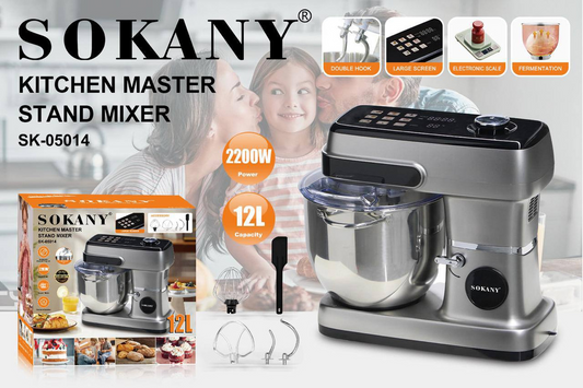 Sokany SK‑05014 Digital Stand Mixer – 12 L Stainless Steel Bowl, 2200 W Powerful Motor, Digital Timer & Controls