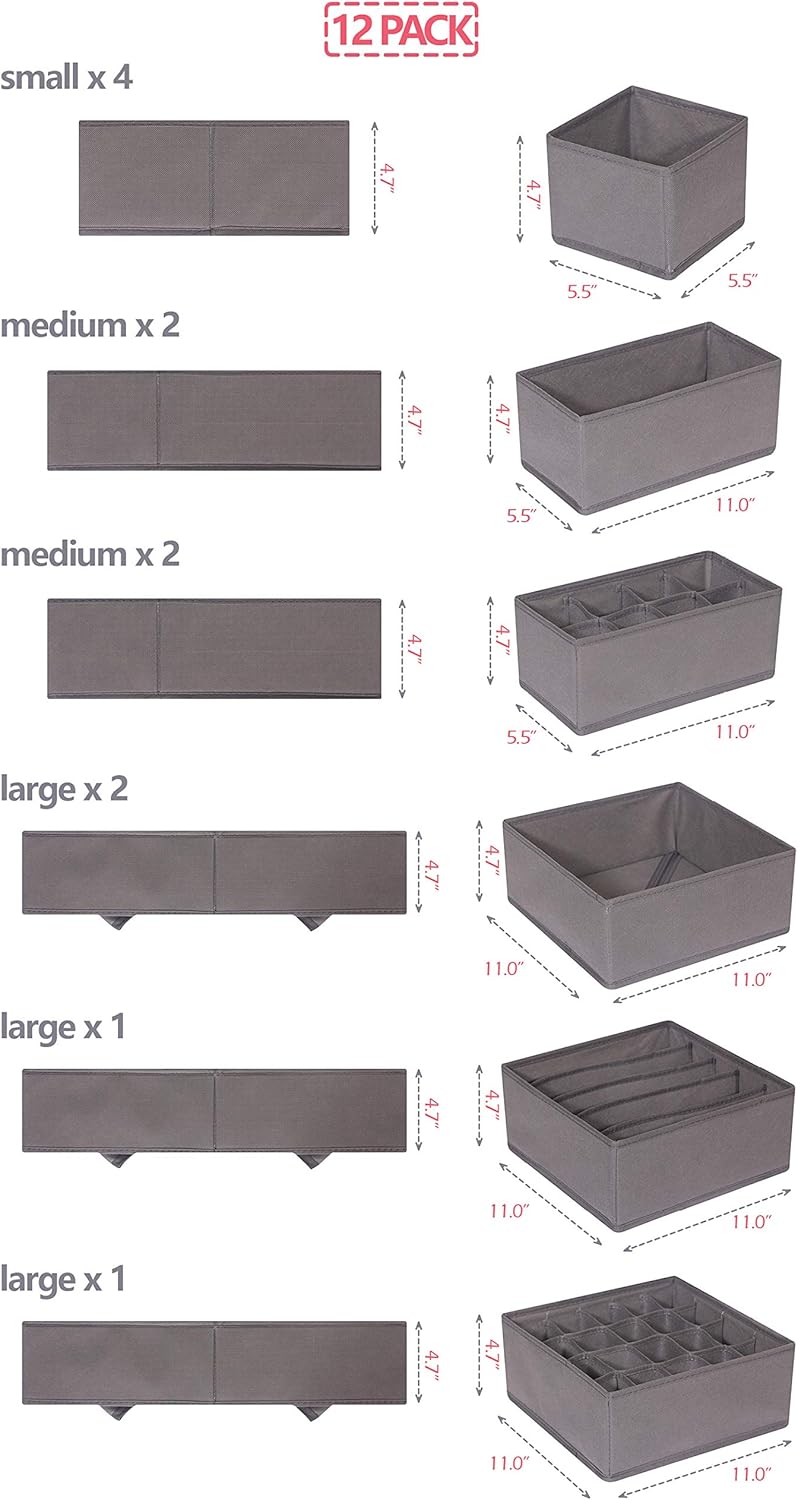 DIOMMELL 12 Pack Foldable Cloth Storage Box Closet Dresser Drawer Organizer Fabric Baskets Bins Containers Divider for Baby Clothes Underwear Bras Socks