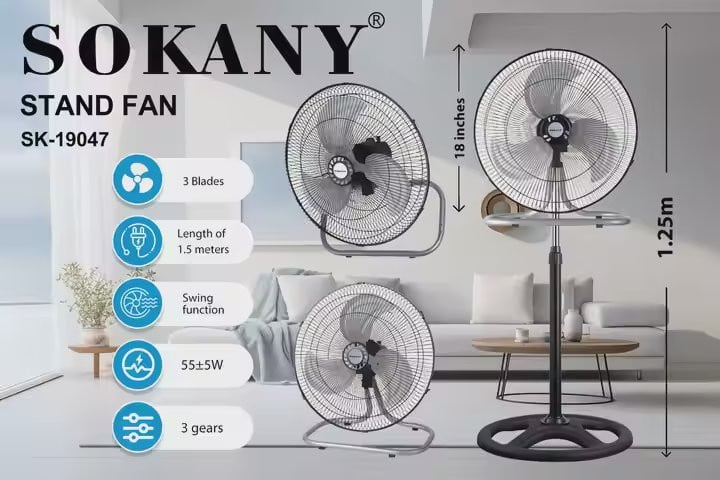 Sokany SK‑19047 18″ Stand Fan — Adjustable Oscillating Floor Fan with 3 Speeds