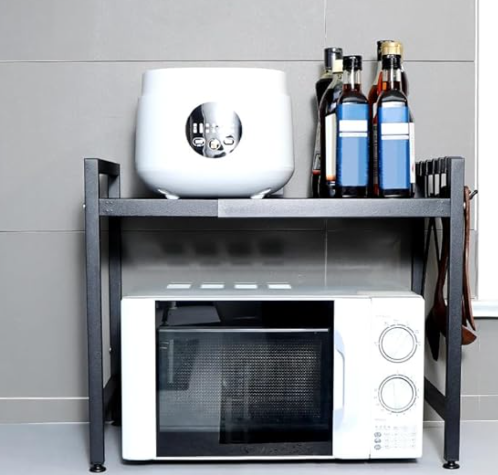 Expandable Microwave Oven Rack Height Adjustable 2 Tier Kitchen Counter Shelf Rack 6 Hooks