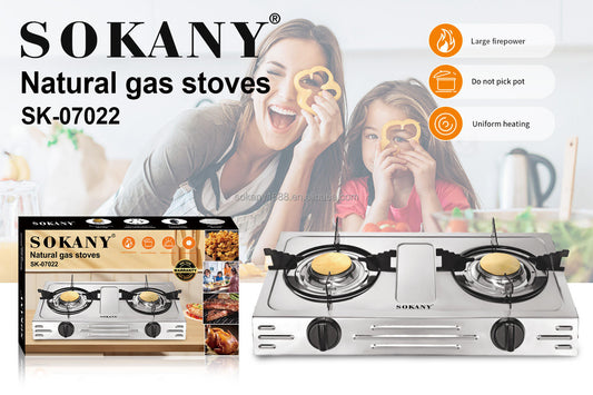 Sokany SK-07022 Stainless Steel 2-Burner Gas Stove – Dual-Burner Cooktop for Home & Outdoor Use
