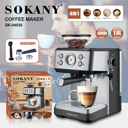 Sokany 4-in-1 Coffee Maker – Brew, Froth & Grind with Ease.