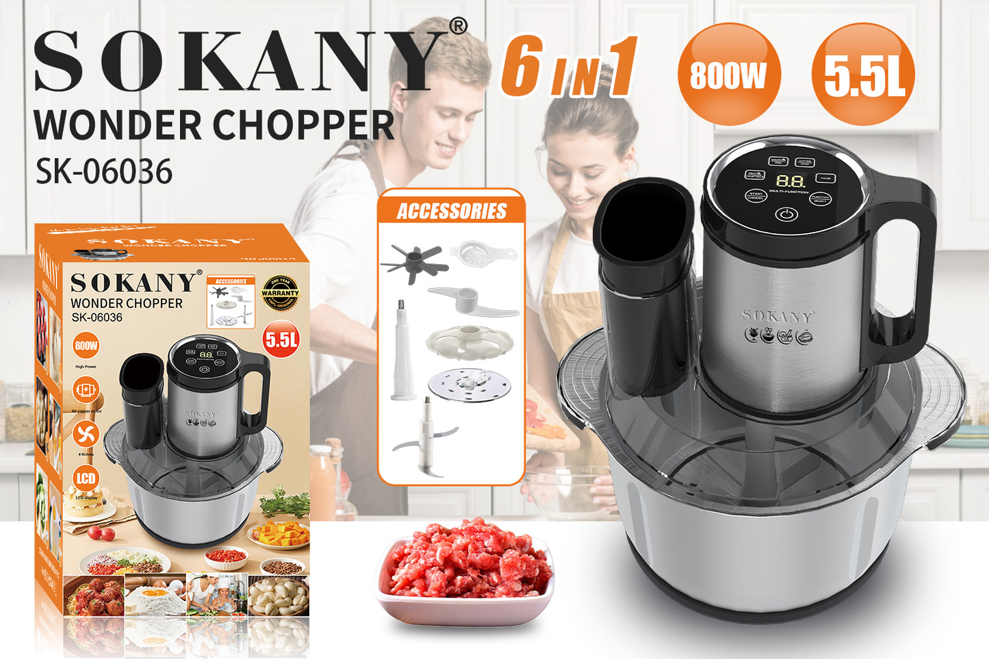 Sokany SK-06036 6-in-1 Electric Kitchen Chopper & Food Processor – 800 W High-Power Blender with 5.5 L Stainless Steel Bowl