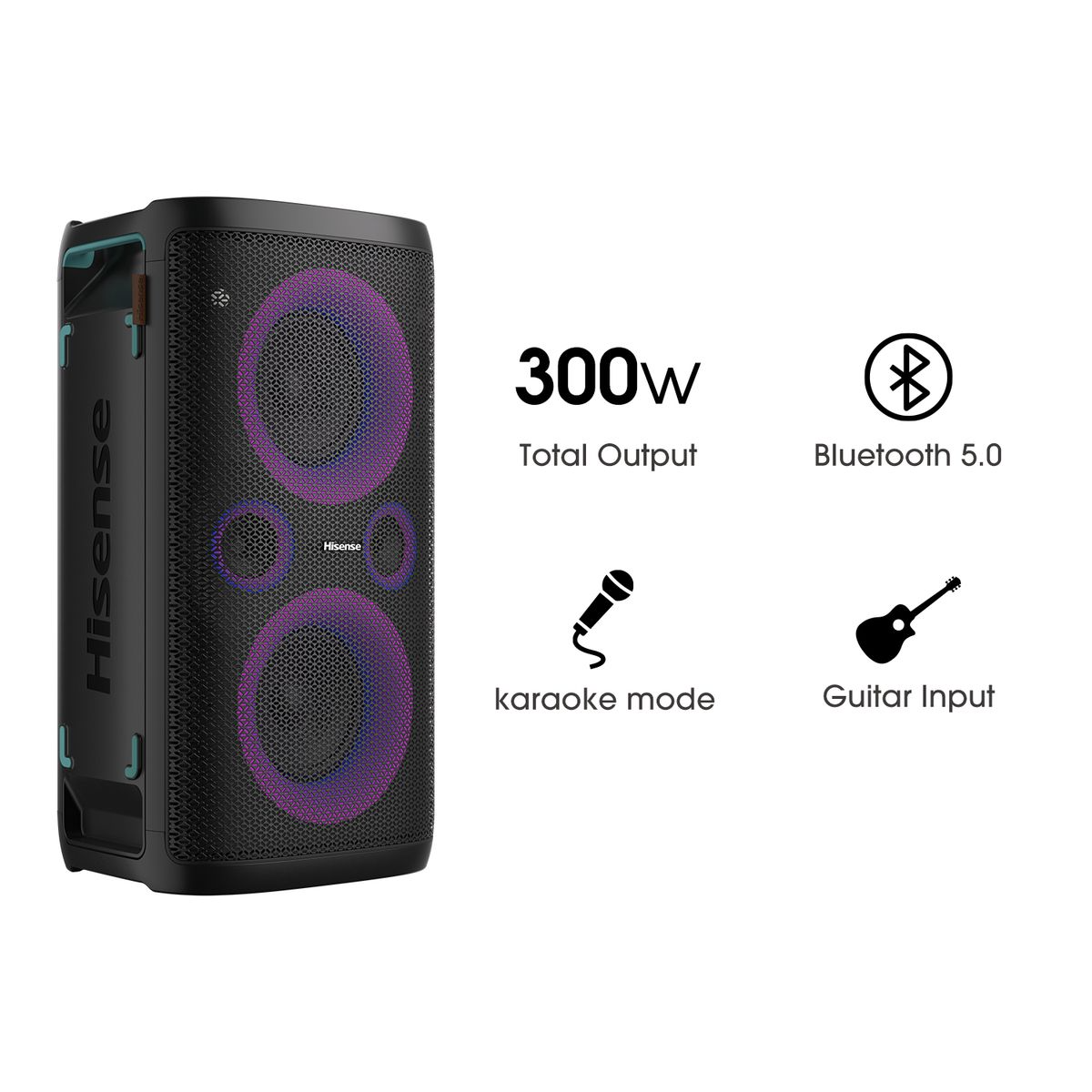 Hisense Party Rocker One Portable Bluetooth Party Speaker — 300 W Sound System with LED Lights, Mic Input & Rechargeable Battery