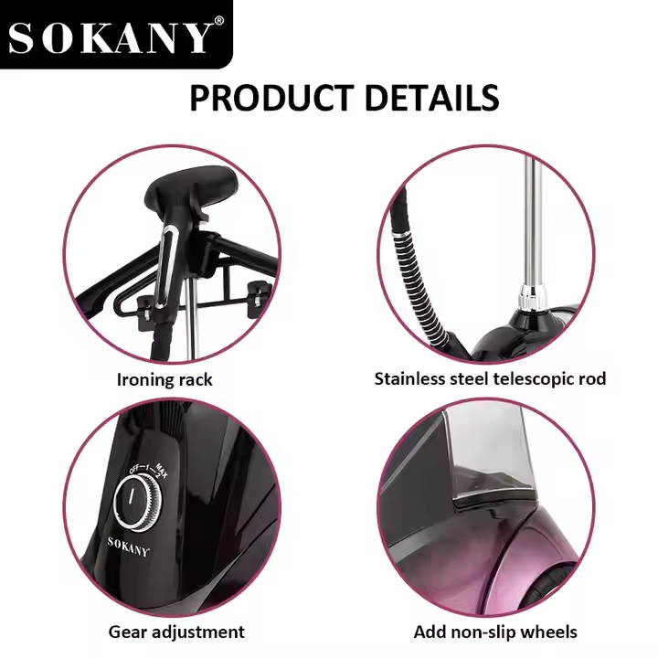 Sokany SK-12012 Vertical Garment Steamer – 3600 W Powerful Fabric Steamer with 2.8 L Water Tank, Black & Purple